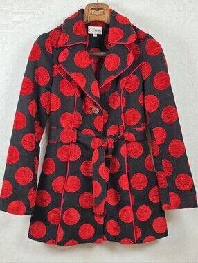 3 Sisters Polka Dot Deep Red Black Textured Belted Trench Coat Jacket Sz.Small